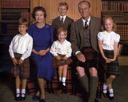 Queen Elizabeth, Prince Philip with grandchildren Prince William, Prince Harry, Prince Peter, Princess Zara