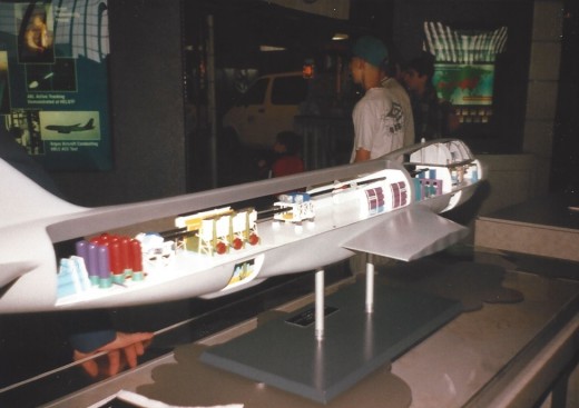 A cutout model of a 747-400F modified for the Airborne Laser Program.