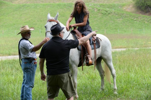Frank Calo directing Stunt Rider Lori Miller with horse wrangler Doug Sloan.