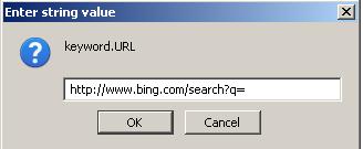Type "http://www.bing.com/search?q=" in the text box to make Bing as the default search engine of Firefox browser