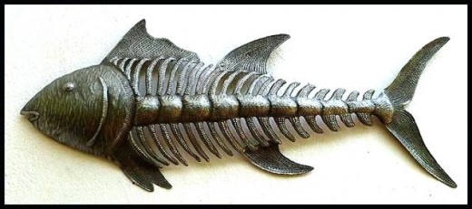 Skeletal fish sculpture
