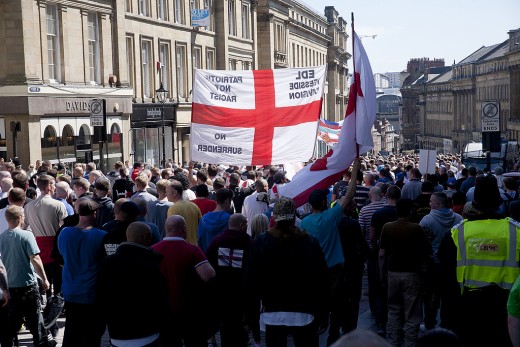 Image of The English Defence League set up by Tommy Robinson.  This picture shows EDL protesters.