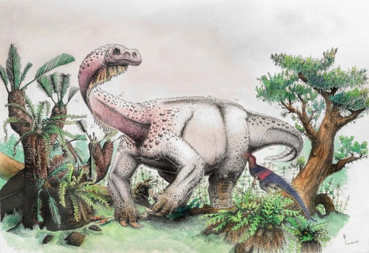 Ledumahadi being met by a herbivorous, fox-sized Heterodontosaurus and nearly crushing two proto-mammals, by Victor Radermacher.