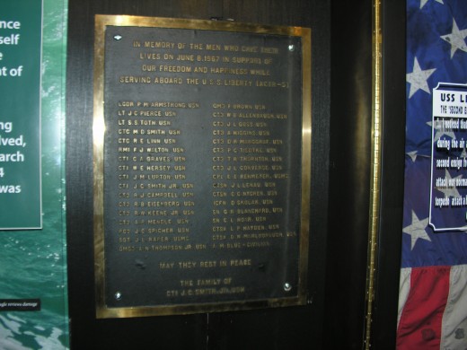 A plaque with the names of those killed on the USS Liberty.
