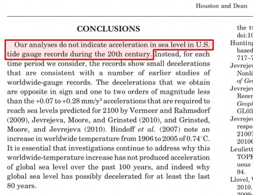 Conclusion from paper by Houston, J.R. and Dean, R.G., 2011. Sea-level acceleration based on U.S. tide gauges and extensions of previous global-gauge analyses. Journal of Coastal Research
