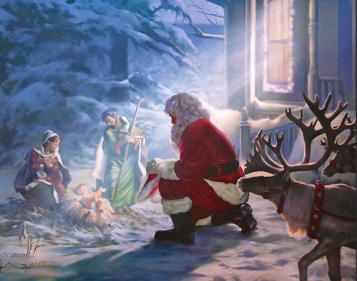 Interestingly, and ironically, this picture portrays Santa as real while the images of Jesus, Mary, and Joseph are lifeless statues.