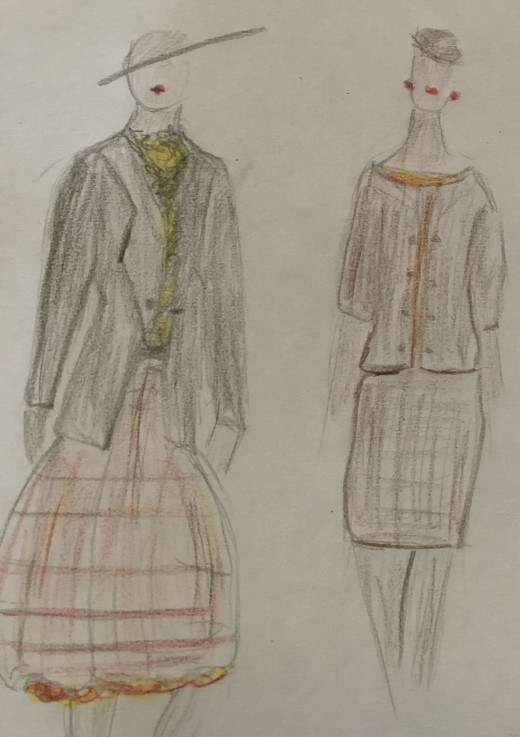 Fashion illustrations of Victoria Moore's style in the 1980s.