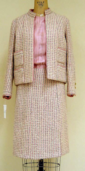 Pink silk and wool suit, circa 1965. The suit was designed by Gabrielle Chanel.