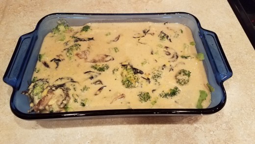 Now dump the cream of mushroom and cheese mixture over the top of your broccoli.