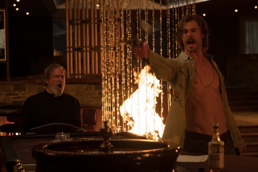 Jeff Bridges and Chris Hemsworth as Father Daniel Flynn and Billy Lee in, "Bad Times at the El Royale."