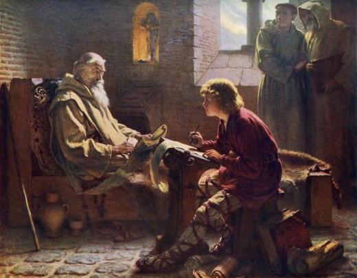 Bede concludes the translation of St John by dictation to a young scribe (painting by J D Penrose)
