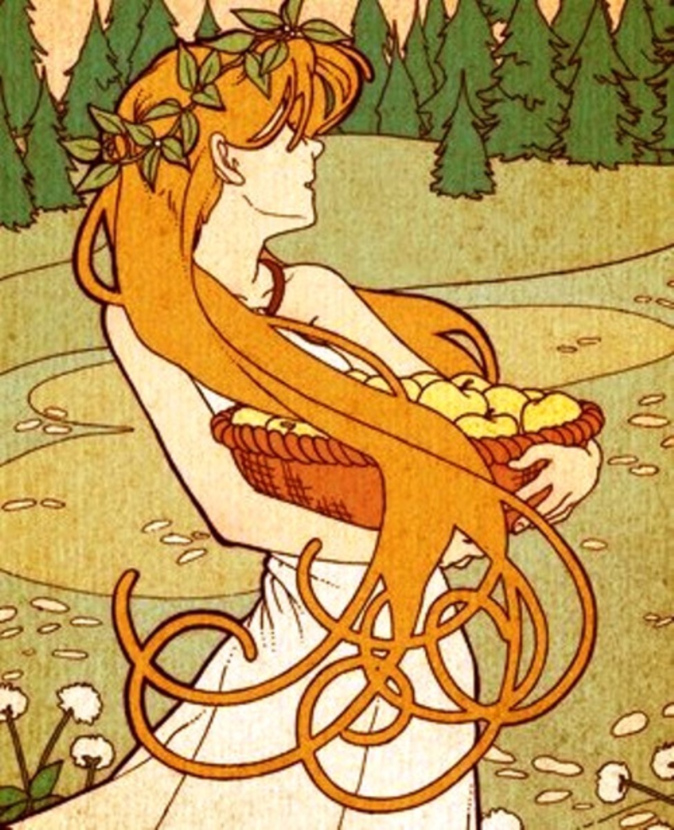Idun bears a basket of her enchanted apples before she is abducted by the fay Loki