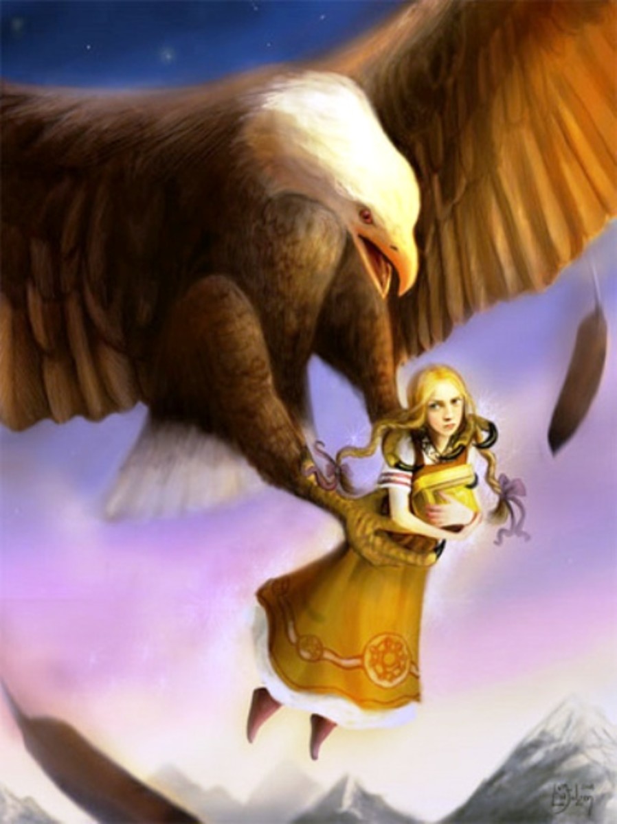 The giant Thjazi as the eagle swoops to bear Idun with her apples to Thrymhjem (or Thrymheim) his mountain fastness