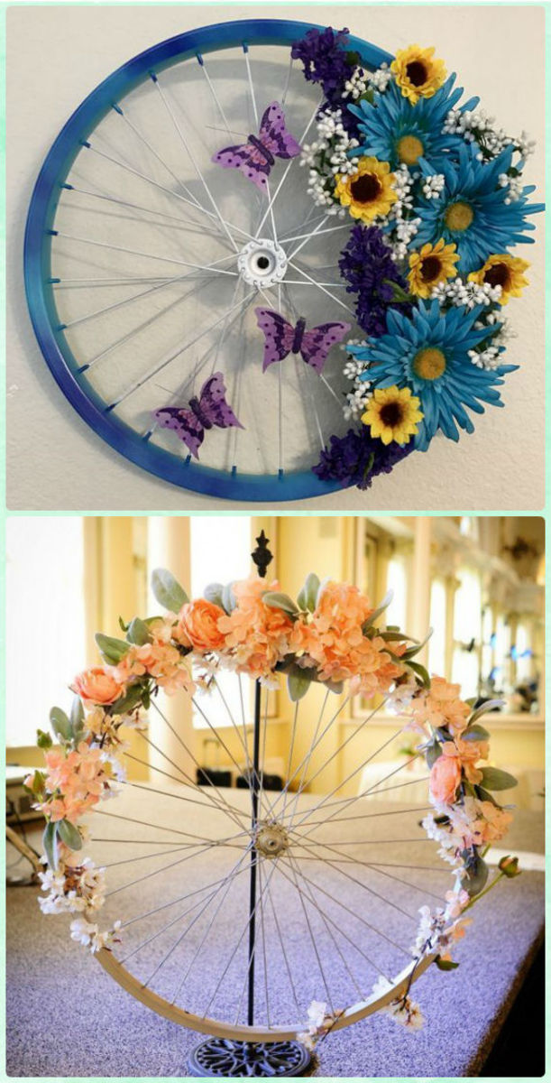 Make a lovely wreath for u=your wedding with a recycled bicycle rim.