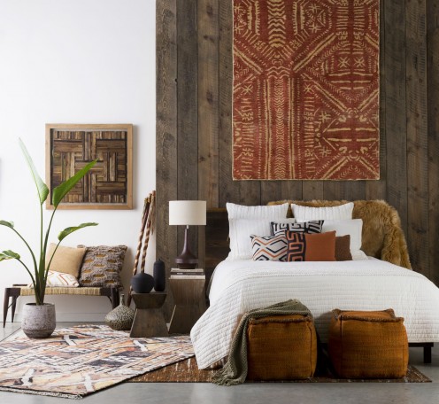 African artisan objects and textiles give this bedroom a sense of warmth.