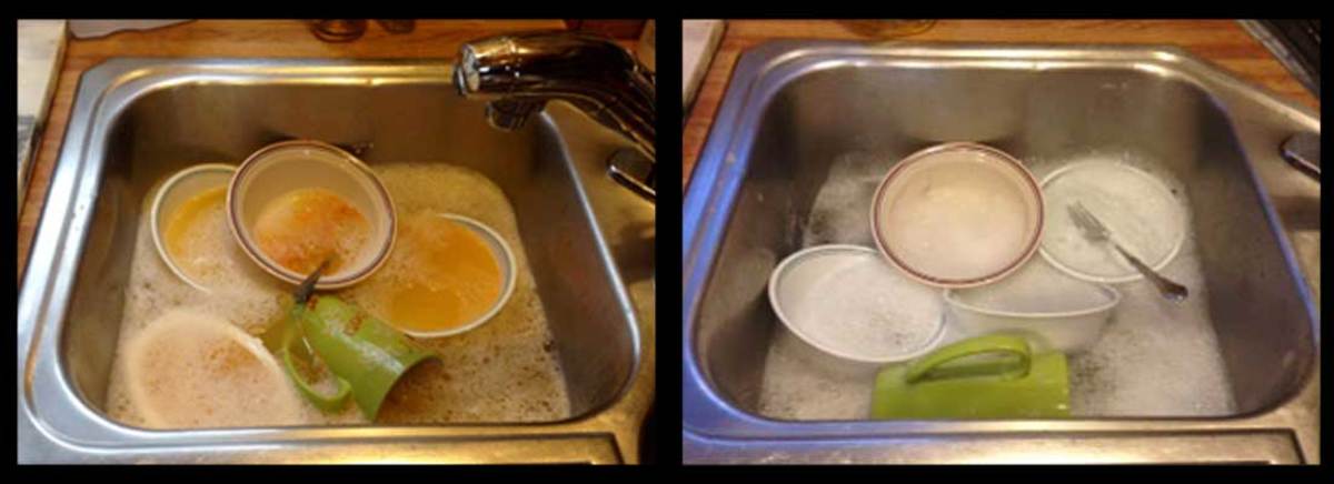 The first sink shows soapy water filled with dirty dishes to compare to the soapy water in the second sink, which is filled with rinsed dishes. Both sets of dishes will come out looking “clean”. Which dishes would you prefer to eat from? 