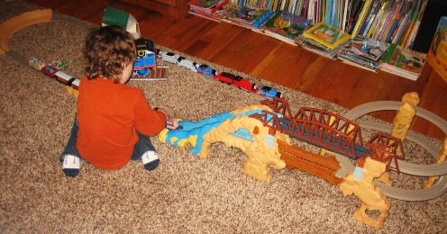 It does have five pieces of extra track on it from the additional trains we purchased.  However, my son is 4 years old, so you can get a general idea of how large this set really is!  