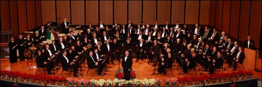 Scene of the orchestra pit, showing fully equipped symphony orchestra during a performance