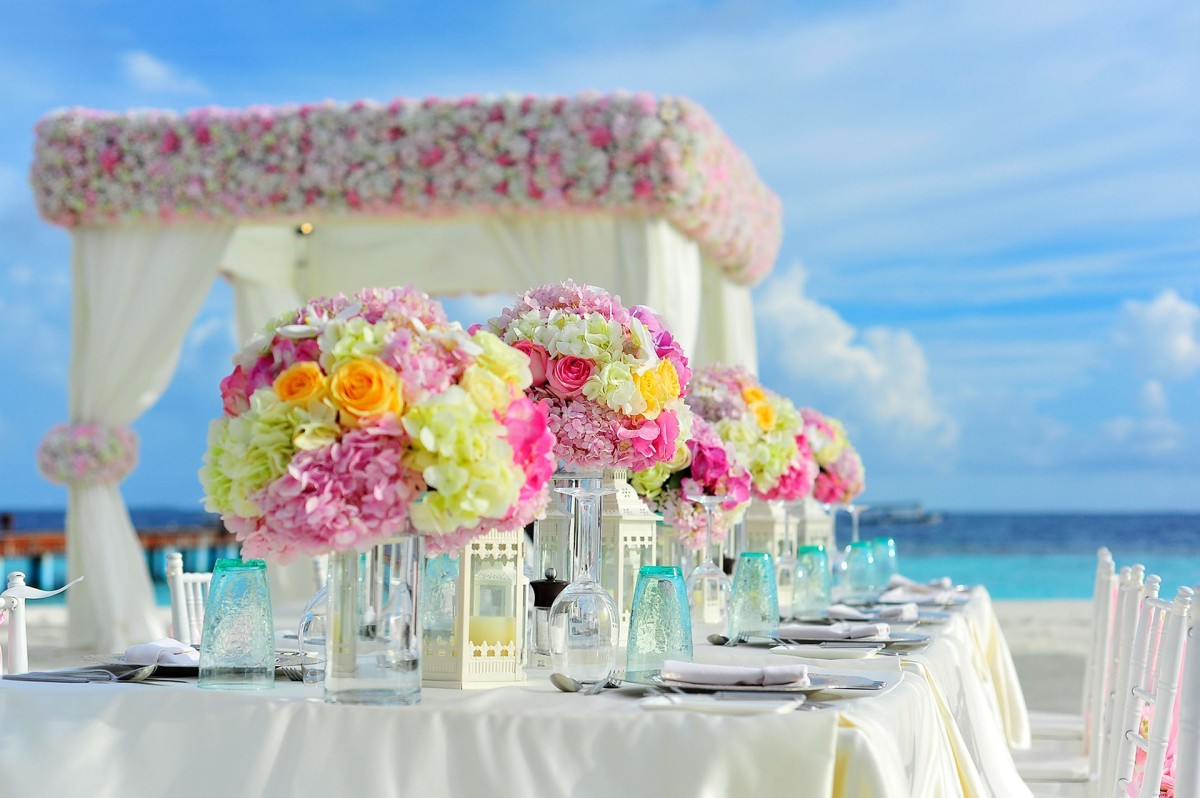 A seaside gazebo decorated for a wedding. 