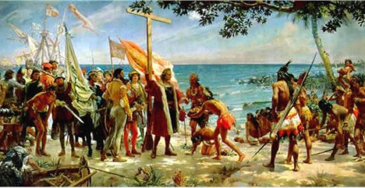 Depiction of the Taino people meeting with the missionaries