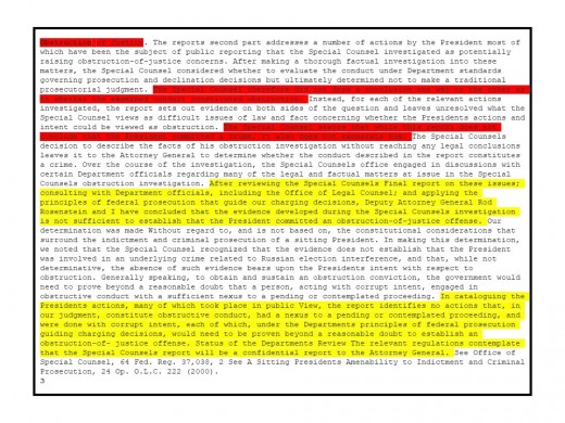 The Barr Report, pg. 3. The Yellow highlight is where Barr refers to himself. The Red highlight refers to Robert Mueller.