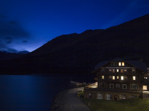 Many Glacier Hotel in Glacier National Park, Montana, USA at nightfall