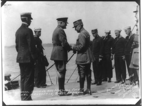 General Pershing and Marshall Foch's final handshake, Brest, France, 1919 Photoprint copyrighted by W.L.Mann