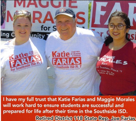 Katie Farias, Joe Farias, Maggie Morales. Political endorsement by retired state Rep.
