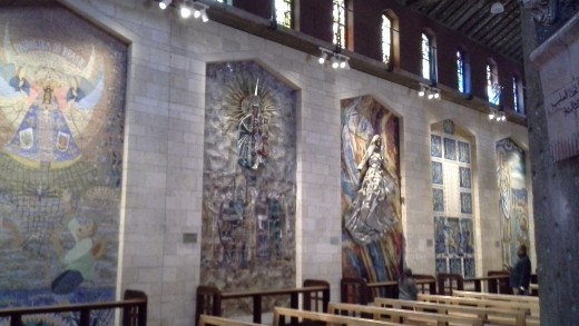 The Basilica of the Annunciation, where the walls are lined with images of Mary