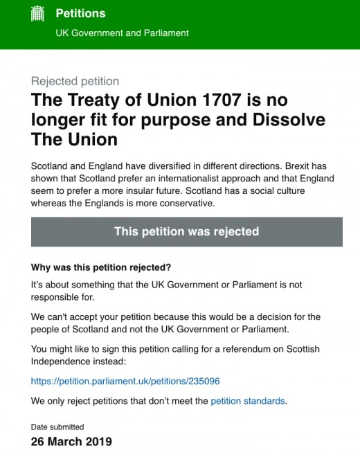 Westminster claims they have no power to dissolve the Union