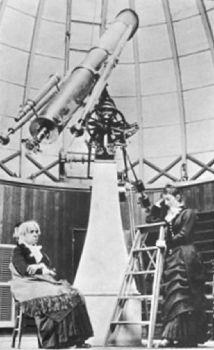 Maria Mitchell (sitting) and her student Mary Whitney in the Vassar College Observatory, about 1877.