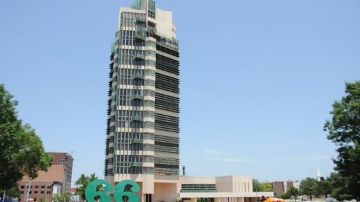 Price Tower, Oklahoma, the fruition (in 1956) of a project cancelled by the Depression and Wright's only skyscraper