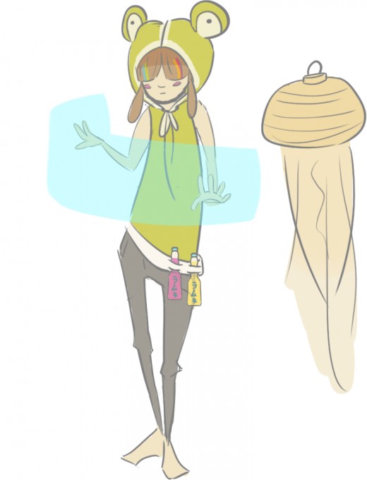 Concept 1: A cute, innocent-looking child that carries a jellyfish drone with them that emits light, as they are afraid of the dark. I liked the idea of the character drinking lots of ramune and having a companion around them at all times. 