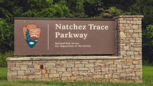 A sign near the southern entrance to the Natchez Trace Parkway, in Natchez, Mississippi.