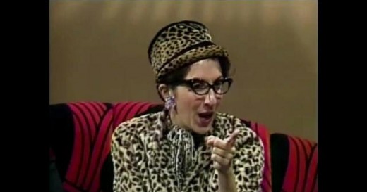 Cats eye glasses do not create an impression of law enforcement work. This is Andrea Martin on SCTV as Edith Prickley.