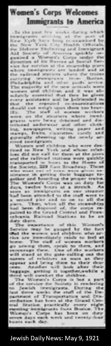 Jewish Daily News, 1921- immigrants welcome