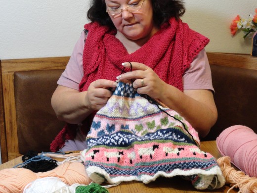 Me knitting a Fair Isle Baby Blanket for a grandchild.