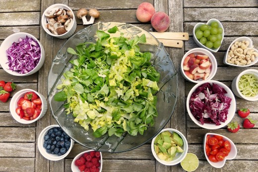 Fruit and vegetable salad on the table.