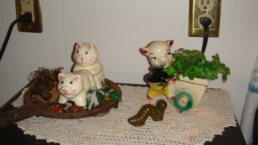 Cute little Antique pig taking his basket to market, and the piggy salt n' pepper shaker, shakin' it!