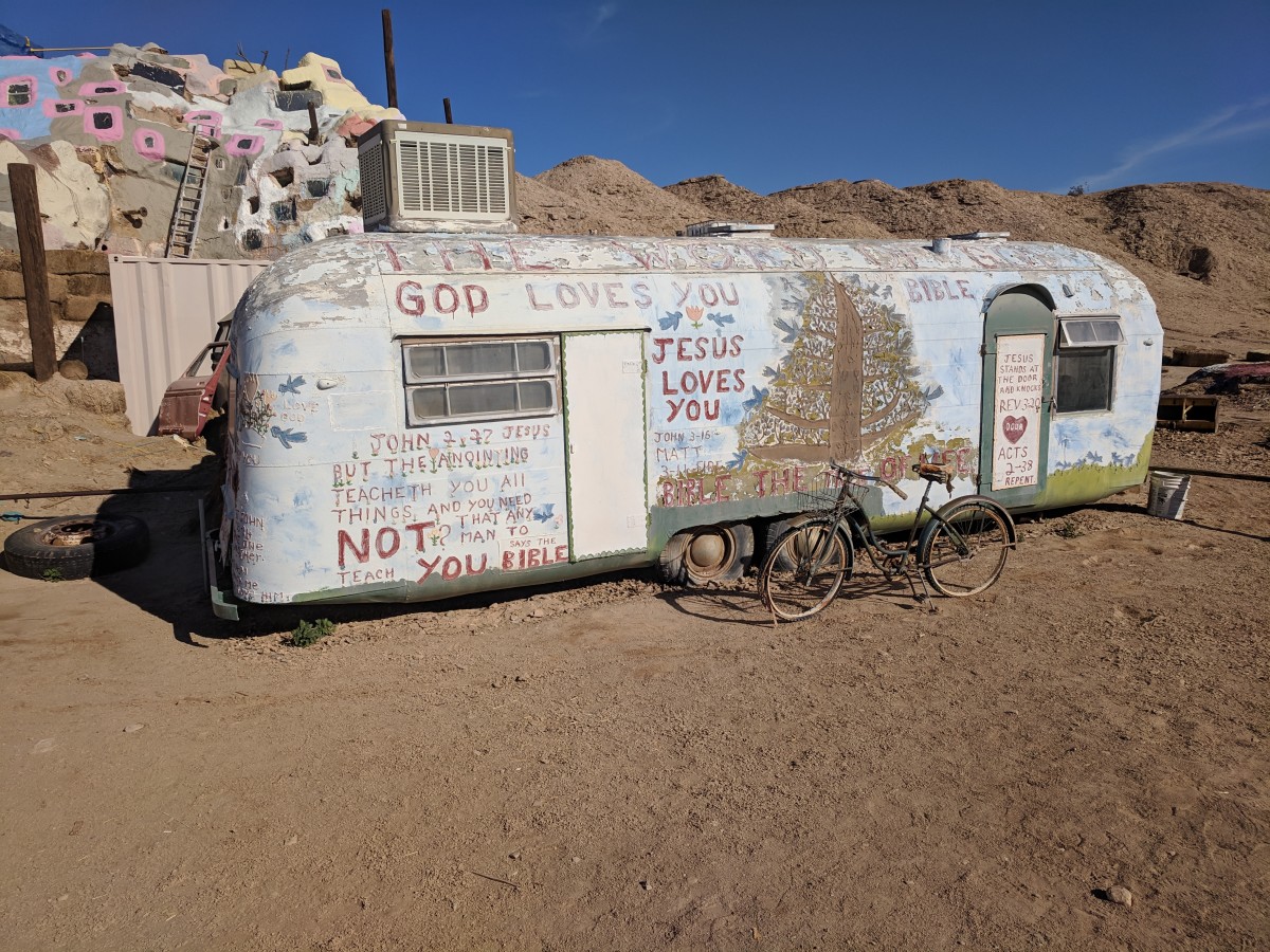The Swamp Cooler  (an older style air conditioning unit used in hot desert climates) indicates it may be where Leonard Knight lived while building Salvation Mountain