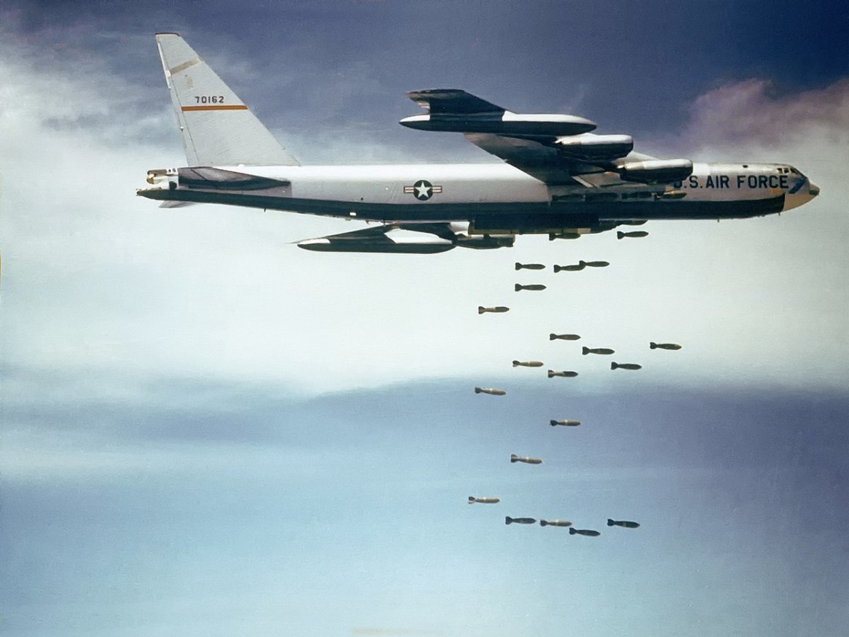 A B-52 dropping bombs during the Vietnam war.
