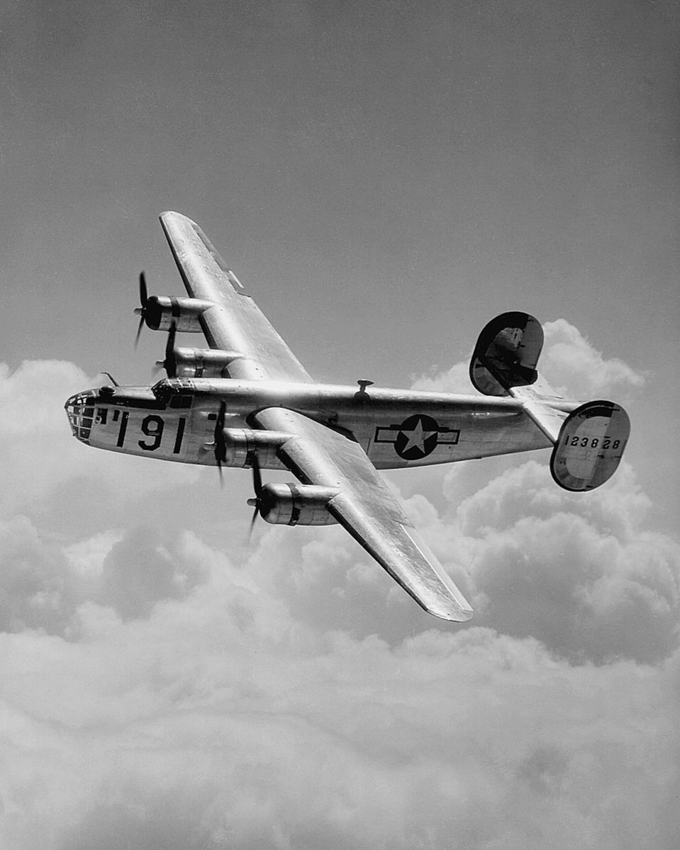 The B-24 Liberator in the air. The B-24 holds records as the world's most produced bomber, heavy bomber, multi-engine aircraft, in American military aircraft in history. By the end of the WWII over 18,000 B-24s were built.