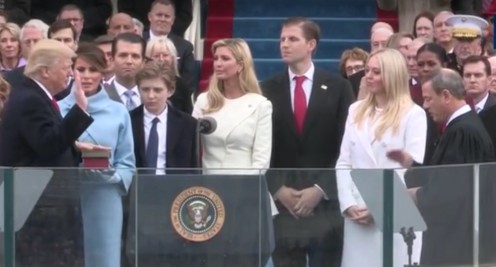 Trump is sworn in as President by Chief Justice John Roberts on January 20, 2017: Trump, his wife Melania, and his children Donald Jr., Barron, Ivanka, Eric, and Tiffany.