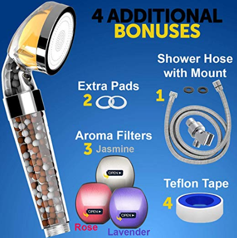 The shower head comes with a set of spares including the ionizing stones, a shower hose, and aromatherapy filters to swap with your vitamin C one.
