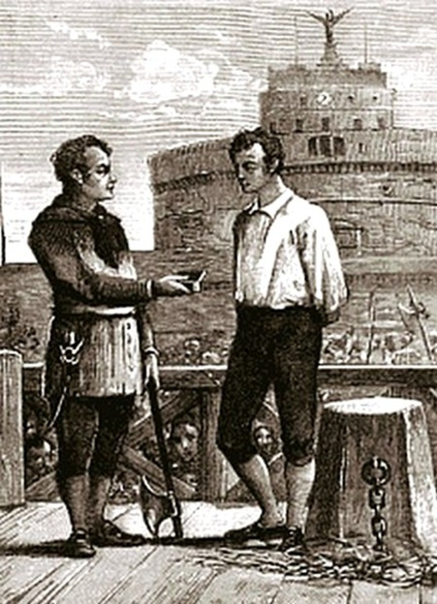 Executioner Bugatti offering snuff (tobacco) to a condemned prisoner in front of Castel Sant'Angelo.