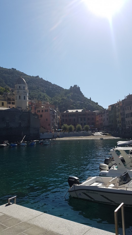 View of the Church of Santa Margherita  d´Antiochia, Vernazza from the harbor