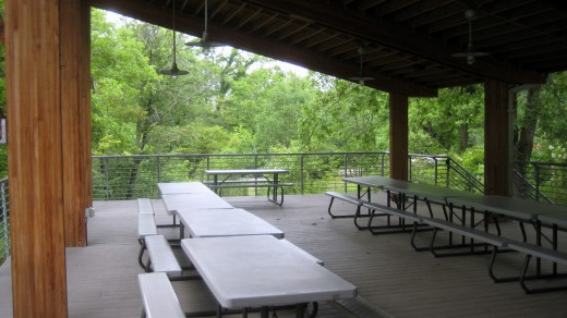 This covered area outside offers visitors a place to rest, picnic or hold meetings
