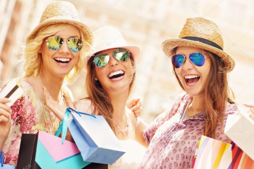 "Group of happy friends shopping" Attributed to macniak