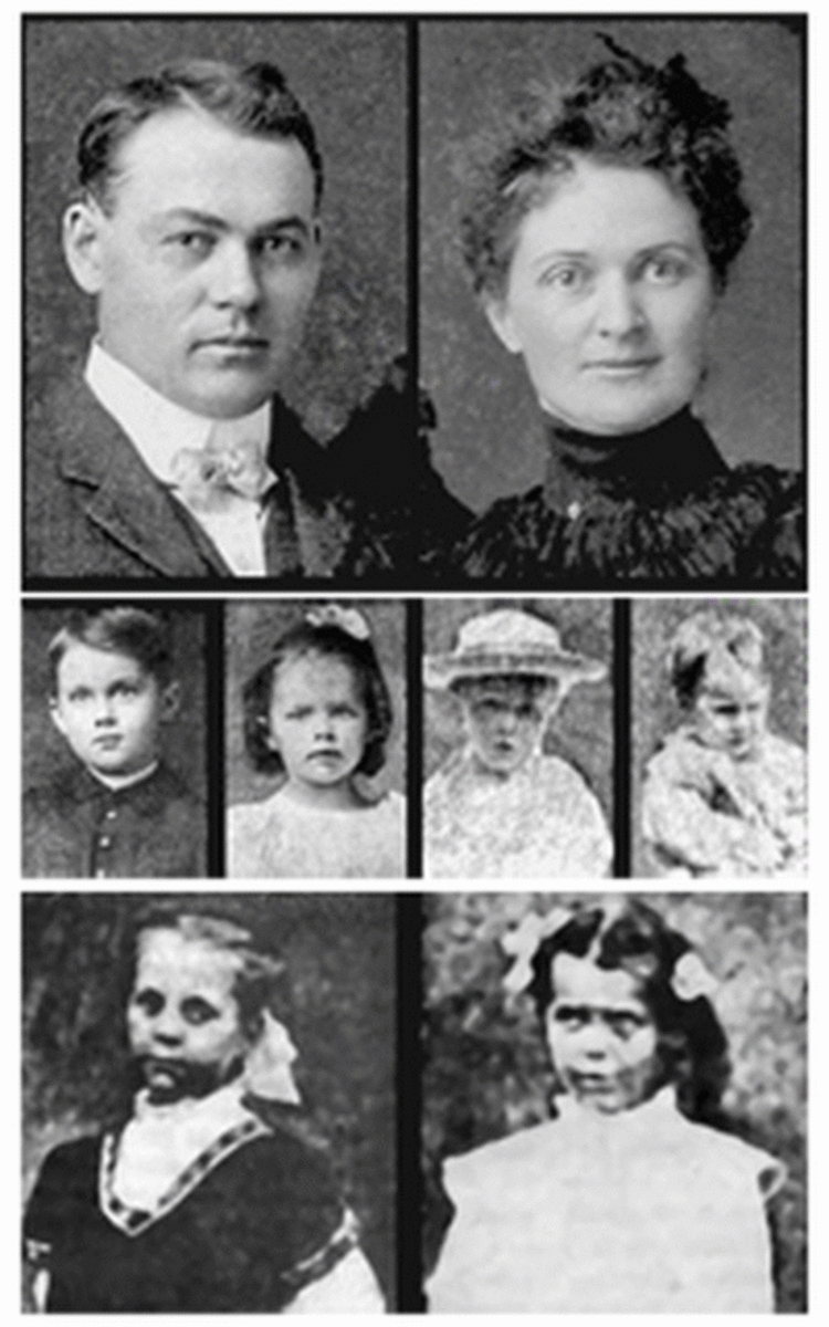 Mr. and Mrs. Moore on top, their four children in the middle and the Stillinger sisters on the bottom row. 