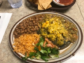Blue corn enchilada plate (flat) at Monroe's on Lomas.